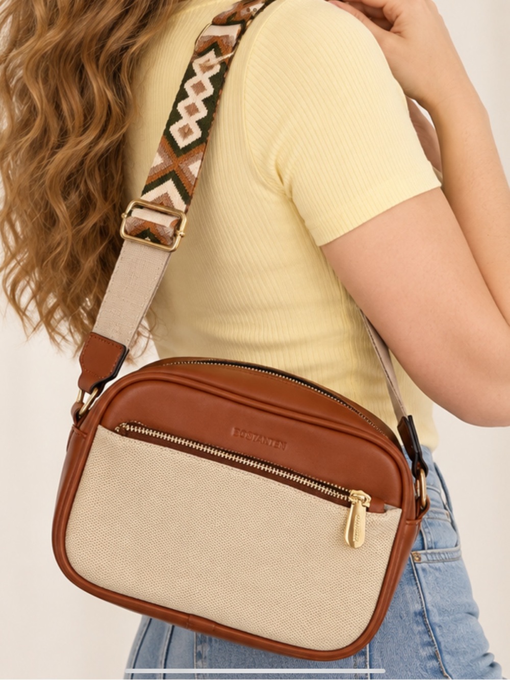 Tan and Cream Crossbody BOSTANTEN Bag with Patterned Strap